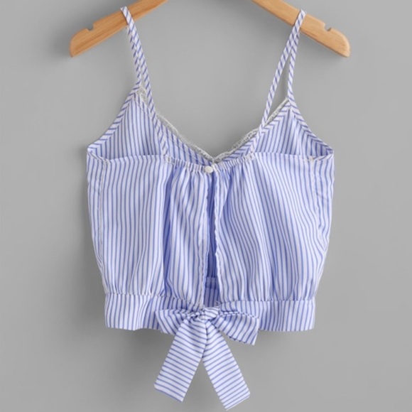 Blue and White Striped Cami Crop Top with Lace Trim and Tie Back - NWOT - Picture 4 of 15
